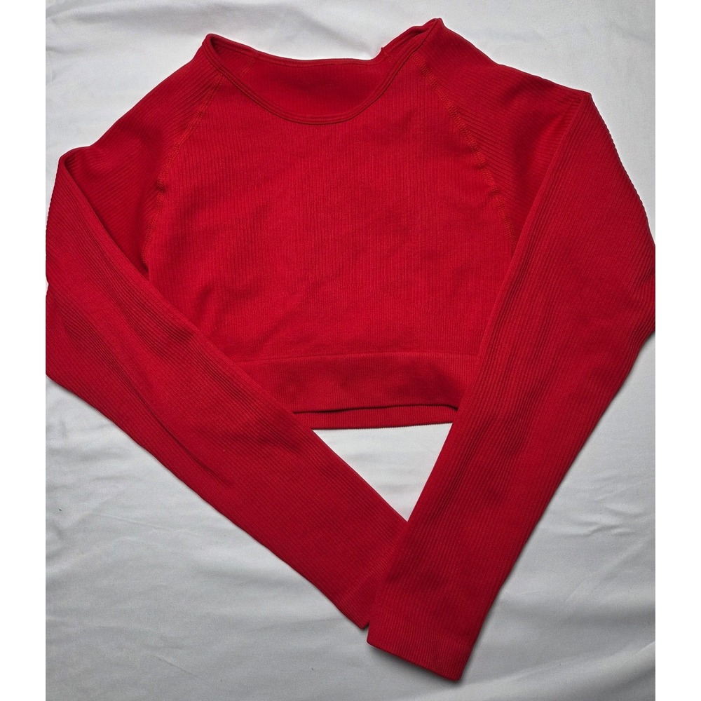 Red Ribbed Long Sleeve Crop Top Athletic Seamless Style Raglan Crew Neck